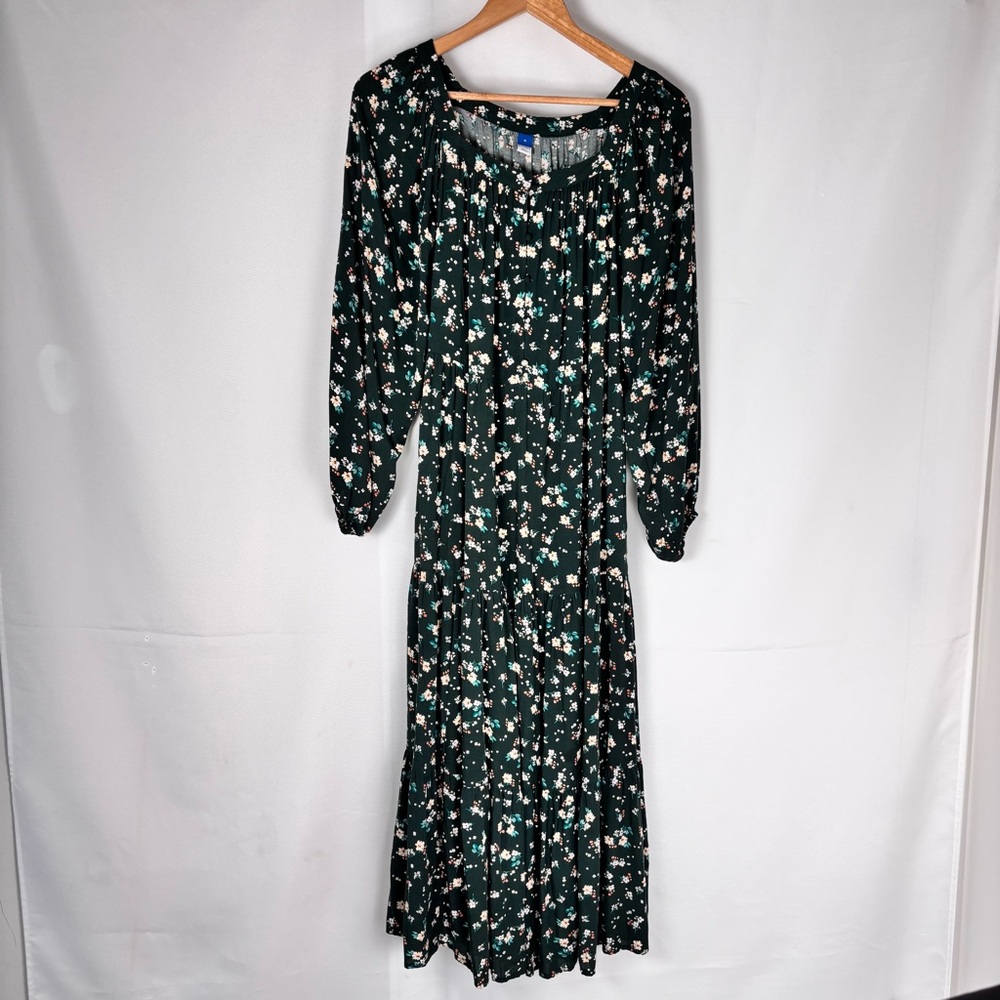 Old Navy Dark Green Floral Tiered Maxi Dress Size M Long Sleeve Boho Prairie - Picture 2 of 13